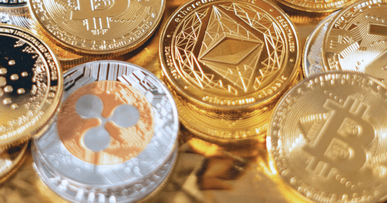 digital currencies such as Ethereum and Bitcoin represented as gold coins